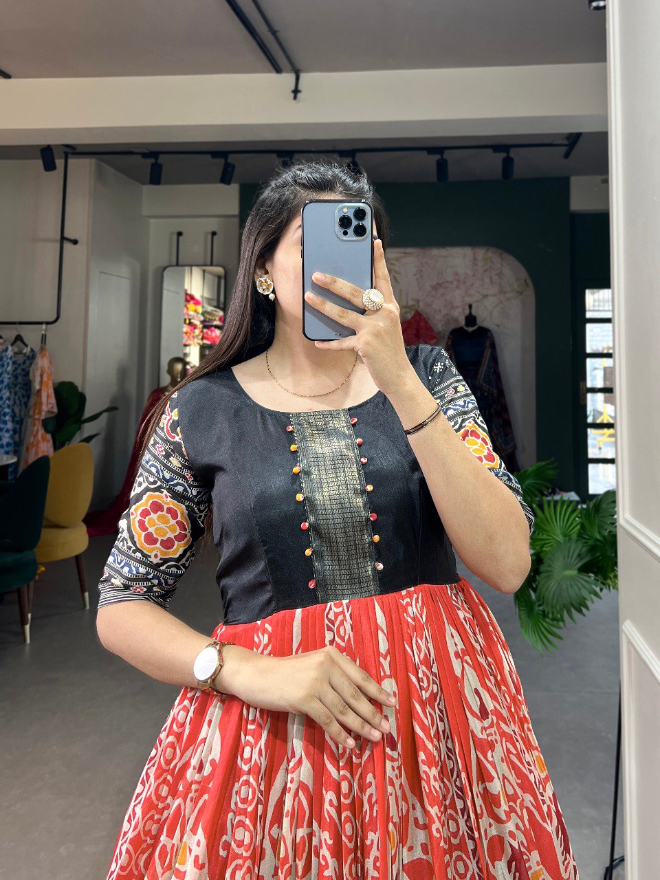 Red Dola Silk Printed Gown with Zari Border ClothsVilla