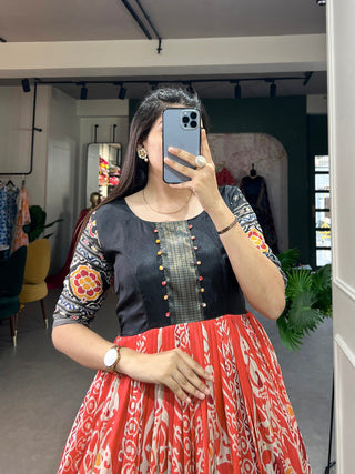 Red Dola Silk Printed Gown with Zari Border ClothsVilla