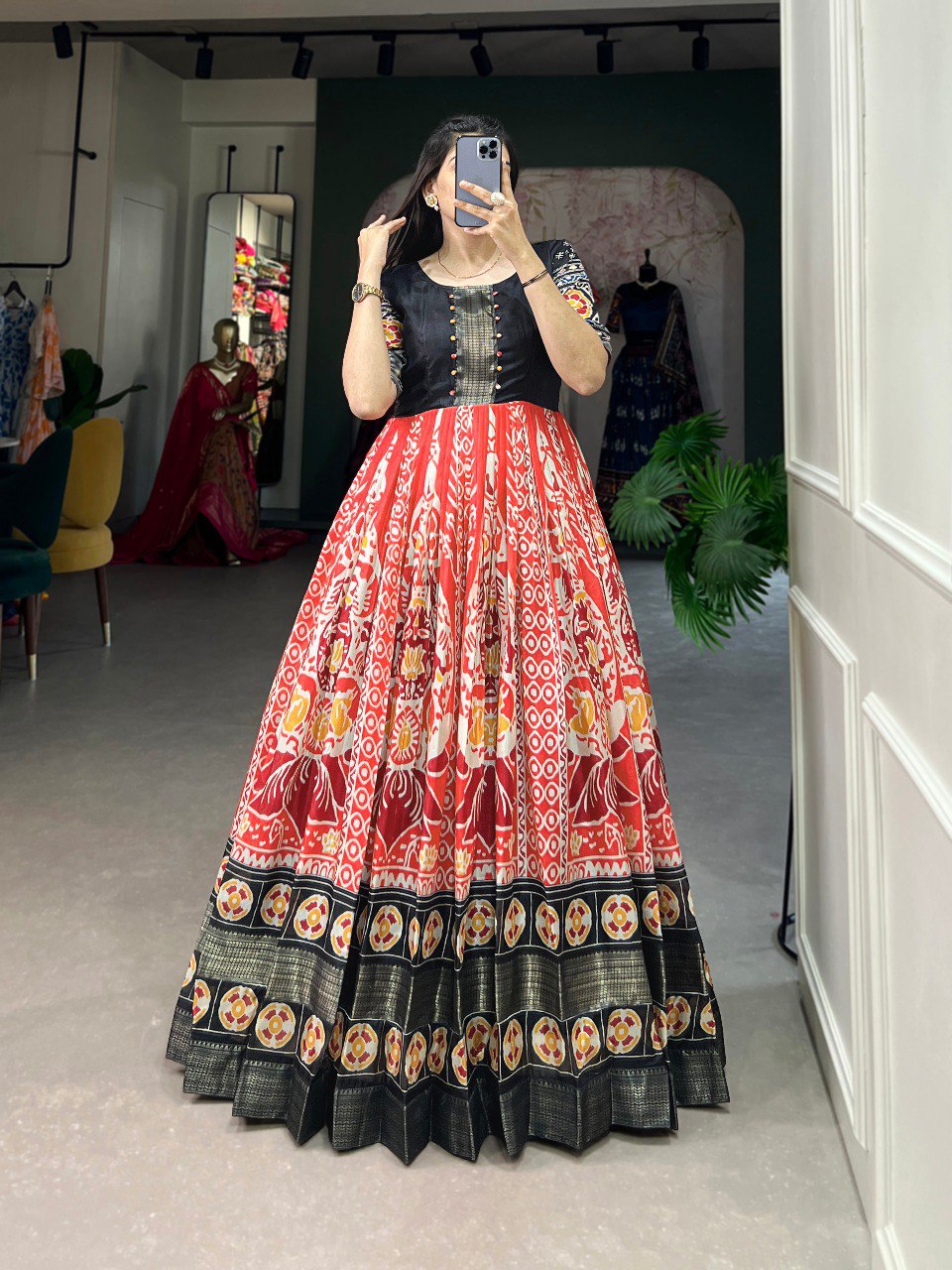 Red Dola Silk Printed Gown with Zari Border ClothsVilla Main image
