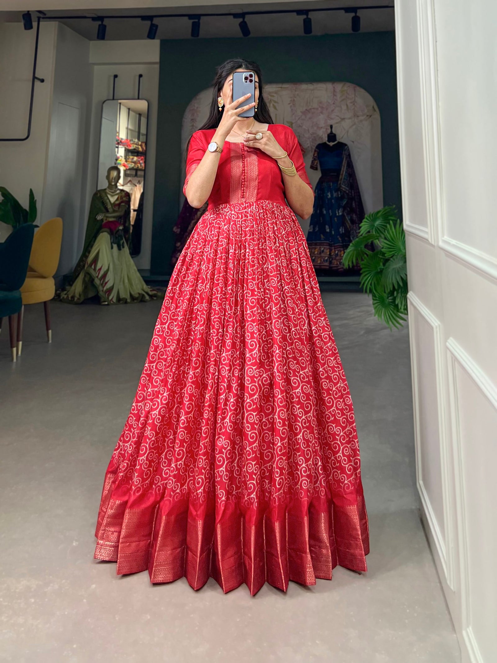 Red Dola Silk Printed Gown - Embrace Elegance and Comfort ClothsVilla