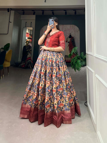 Mesmerizing Red Dola Silk Printed Gown with Sequins & Zari Border - Ready to Wear ClothsVilla