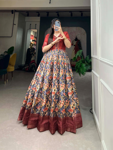 Mesmerizing Red Dola Silk Printed Gown with Sequins & Zari Border - Ready to Wear ClothsVilla