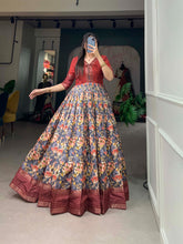 Load image into Gallery viewer, Mesmerizing Red Dola Silk Printed Gown with Sequins &amp; Zari Border - Ready to Wear ClothsVilla