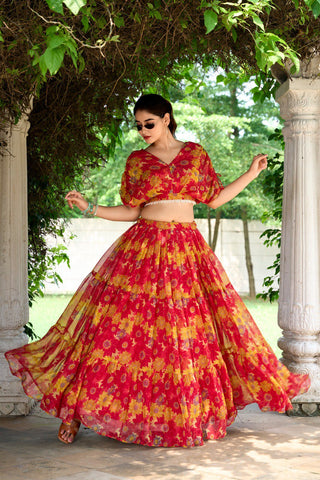 Red Effortless Elegance Chiffon Floral Print Co-ord Set ClothsVilla