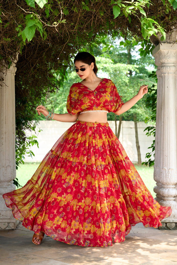Red Effortless Elegance Chiffon Floral Print Co-ord Set ClothsVilla