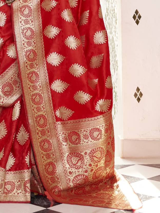 Red Elegant Banarasi Satin Saree with Unstitched Blouse Piece ClothsVilla