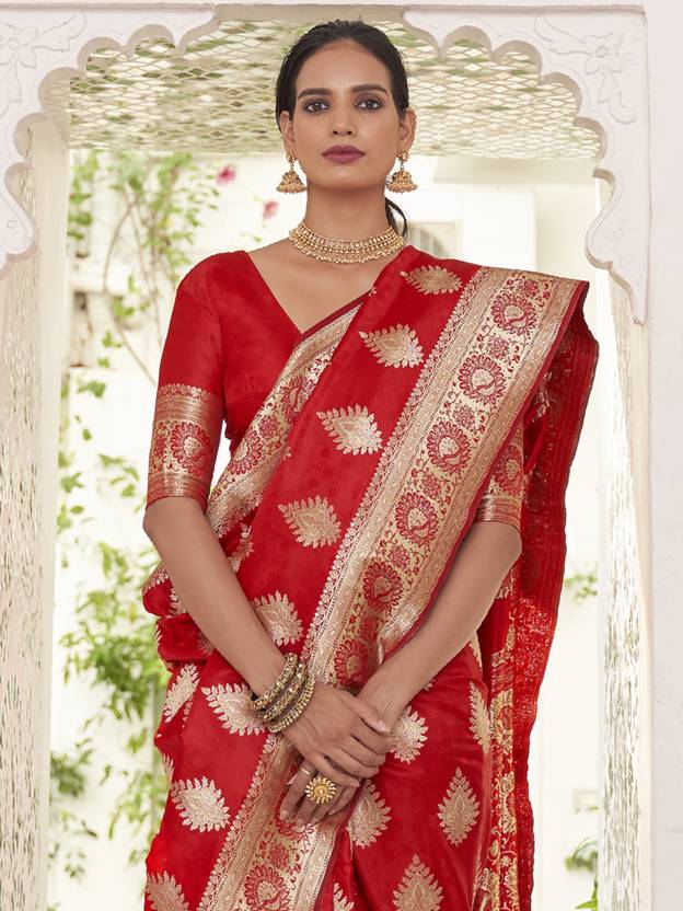 Red Elegant Banarasi Satin Saree with Unstitched Blouse Piece ClothsVilla