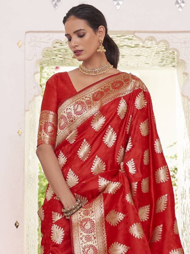 Red Elegant Banarasi Satin Saree with Unstitched Blouse Piece ClothsVilla