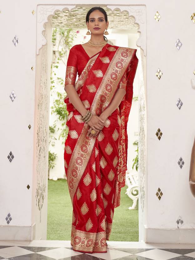 Red Elegant Banarasi Satin Saree with Unstitched Blouse Piece ClothsVilla Main image