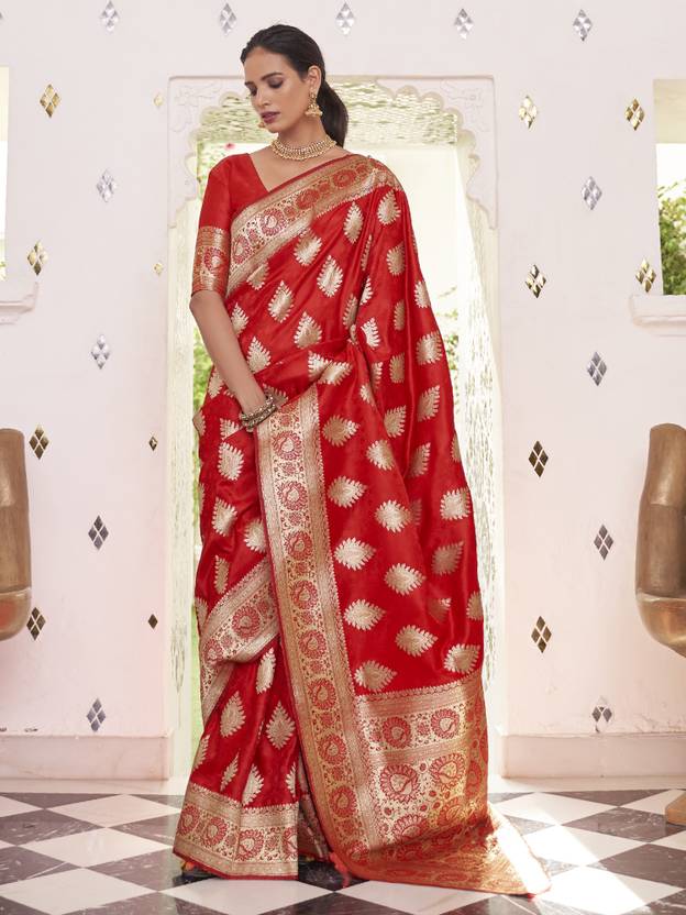 Red Elegant Banarasi Satin Saree with Unstitched Blouse Piece ClothsVilla