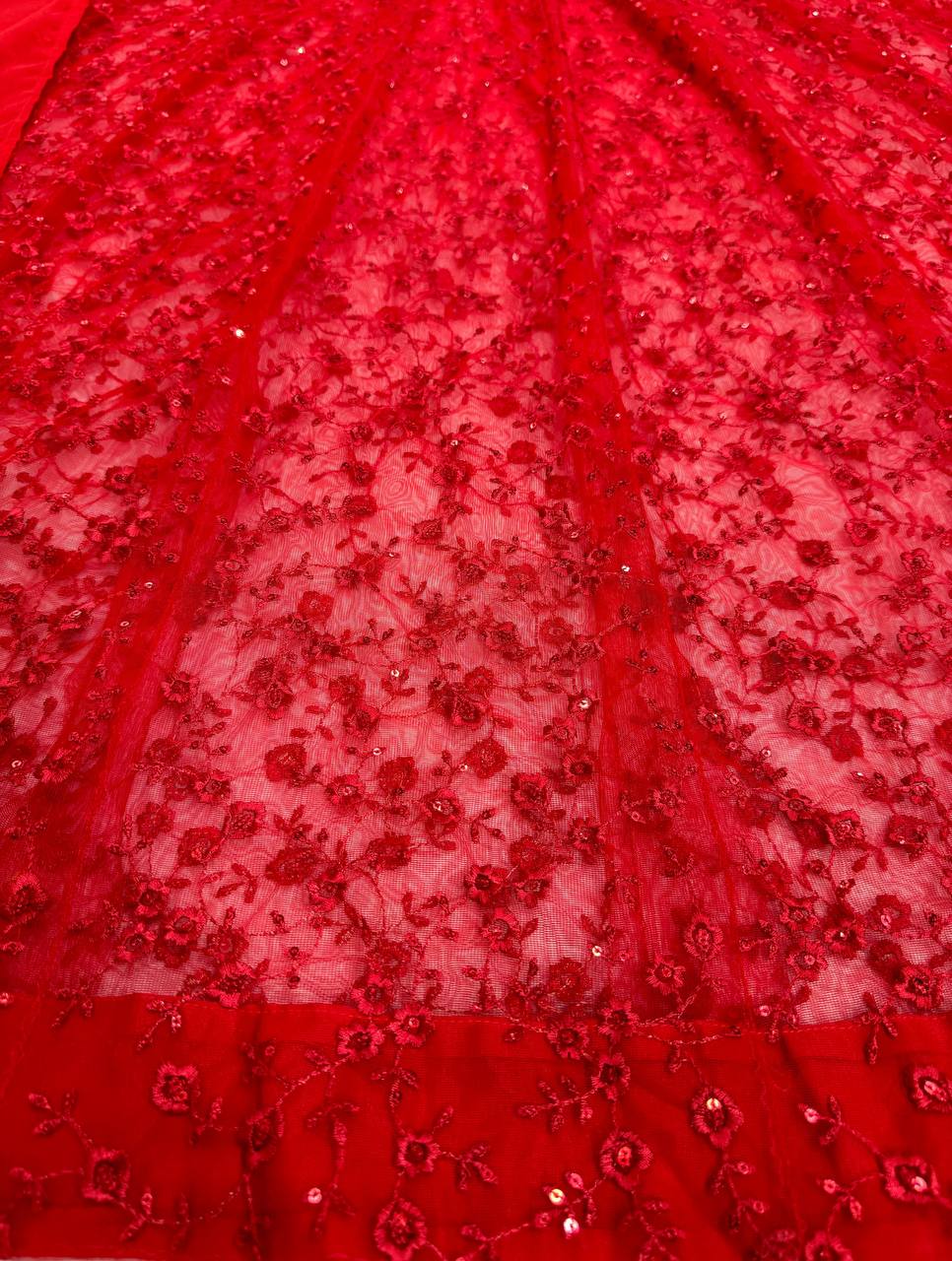 Red Elegant Butterfly Net Embroidered Suit with Micro Pant & Faux Georgette Dupatta Clothsvilla
