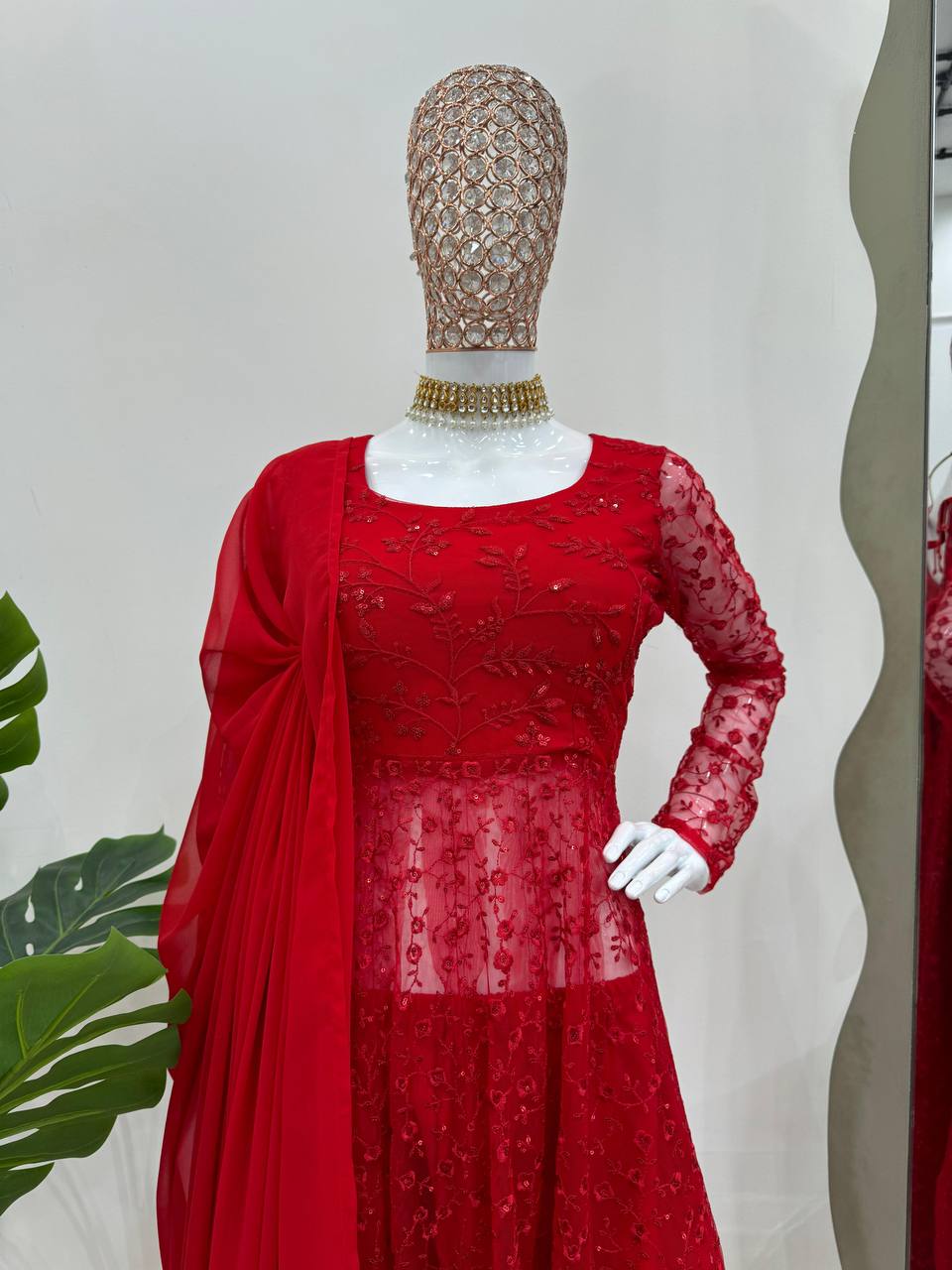 Red Elegant Butterfly Net Embroidered Suit with Micro Pant & Faux Georgette Dupatta Clothsvilla