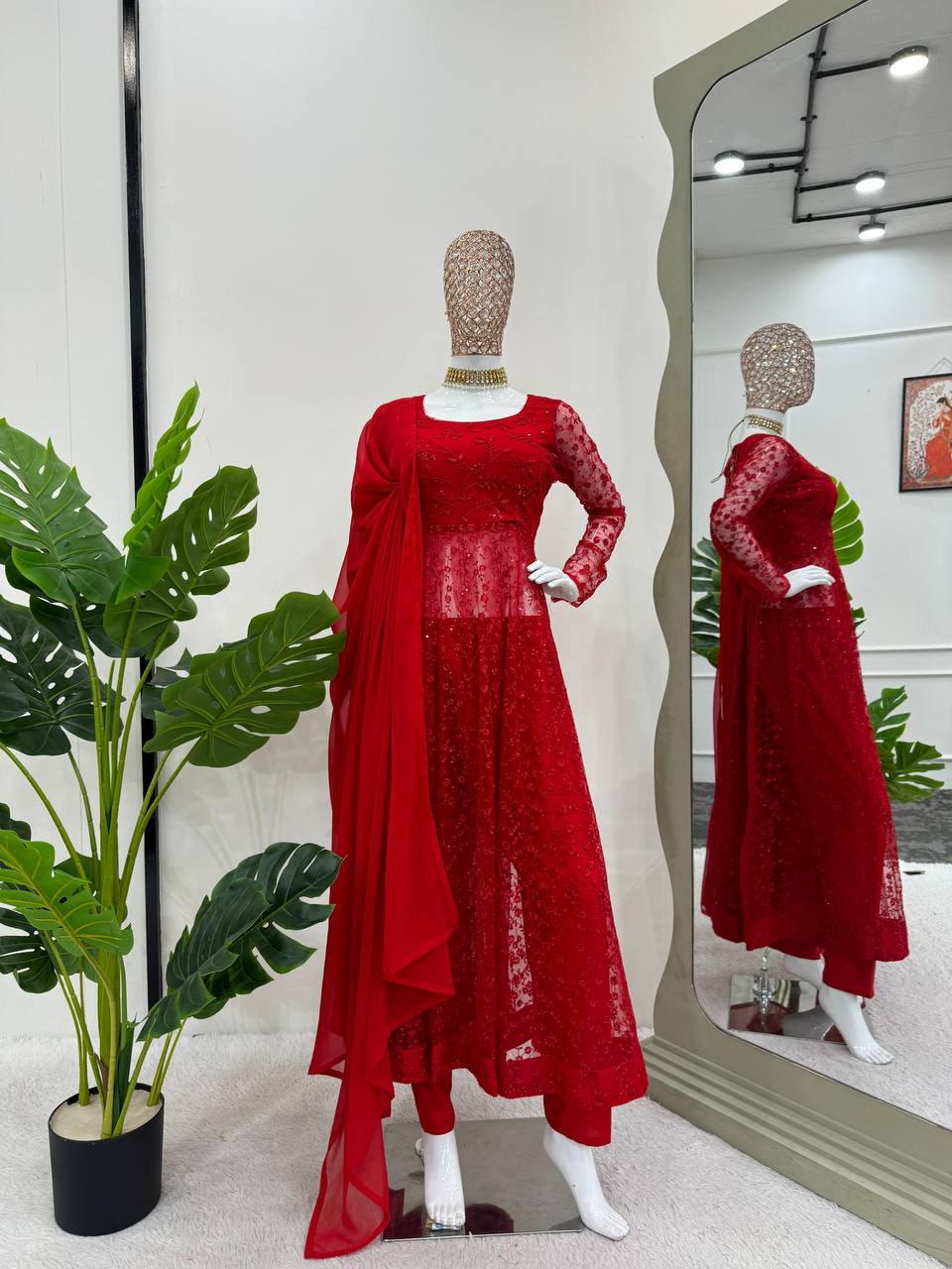 Red Elegant Butterfly Net Embroidered Suit with Micro Pant & Faux Georgette Dupatta Clothsvilla