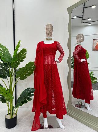 Red Elegant Butterfly Net Embroidered Suit with Micro Pant & Faux Georgette Dupatta Clothsvilla
