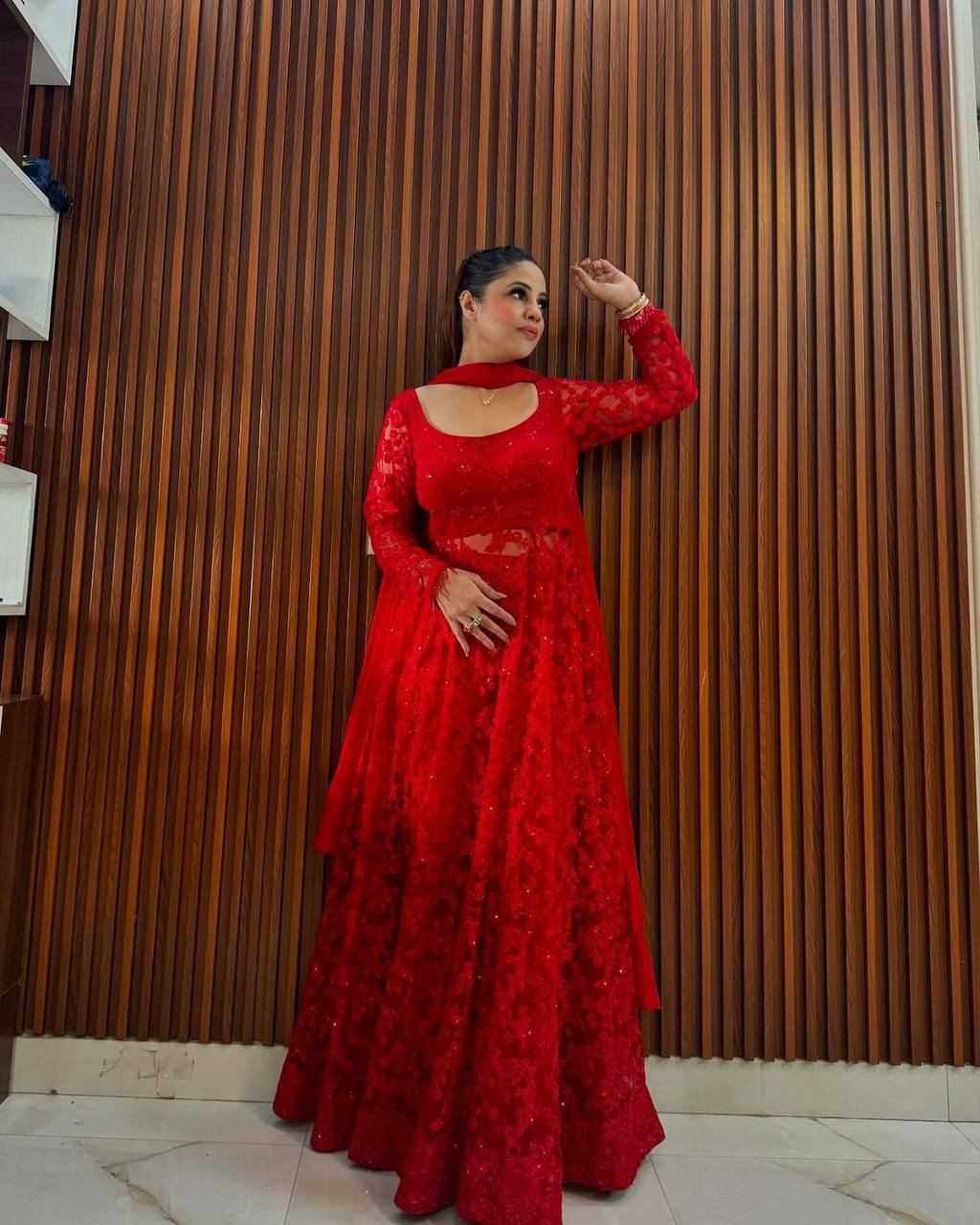 Red Elegant Butterfly Net Embroidered Suit with Micro Pant & Faux Georgette Dupatta Clothsvilla