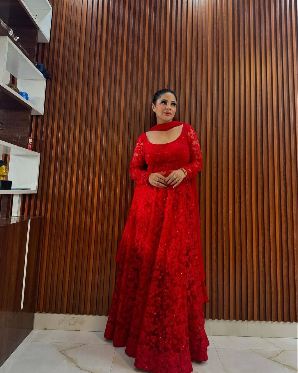 Red Elegant Butterfly Net Embroidered Suit with Micro Pant & Faux Georgette Dupatta Clothsvilla