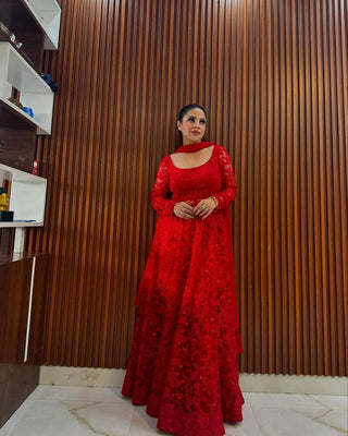 Red Elegant Butterfly Net Embroidered Suit with Micro Pant & Faux Georgette Dupatta Clothsvilla