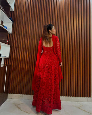 Red Elegant Butterfly Net Embroidered Suit with Micro Pant & Faux Georgette Dupatta Clothsvilla