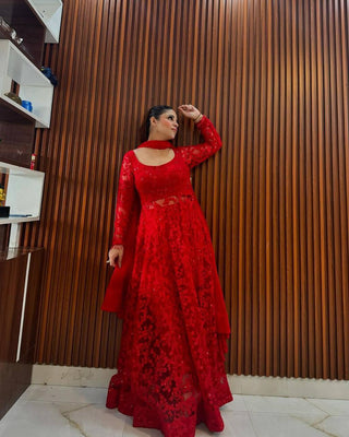 Red Elegant Butterfly Net Embroidered Suit with Micro Pant & Faux Georgette Dupatta Clothsvilla