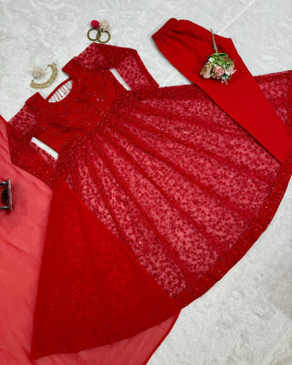 Red Elegant Butterfly Net Embroidered Suit with Micro Pant & Faux Georgette Dupatta Clothsvilla