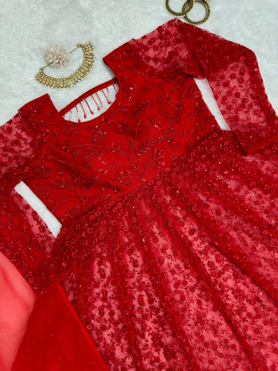 Red Elegant Butterfly Net Embroidered Suit with Micro Pant & Faux Georgette Dupatta Clothsvilla