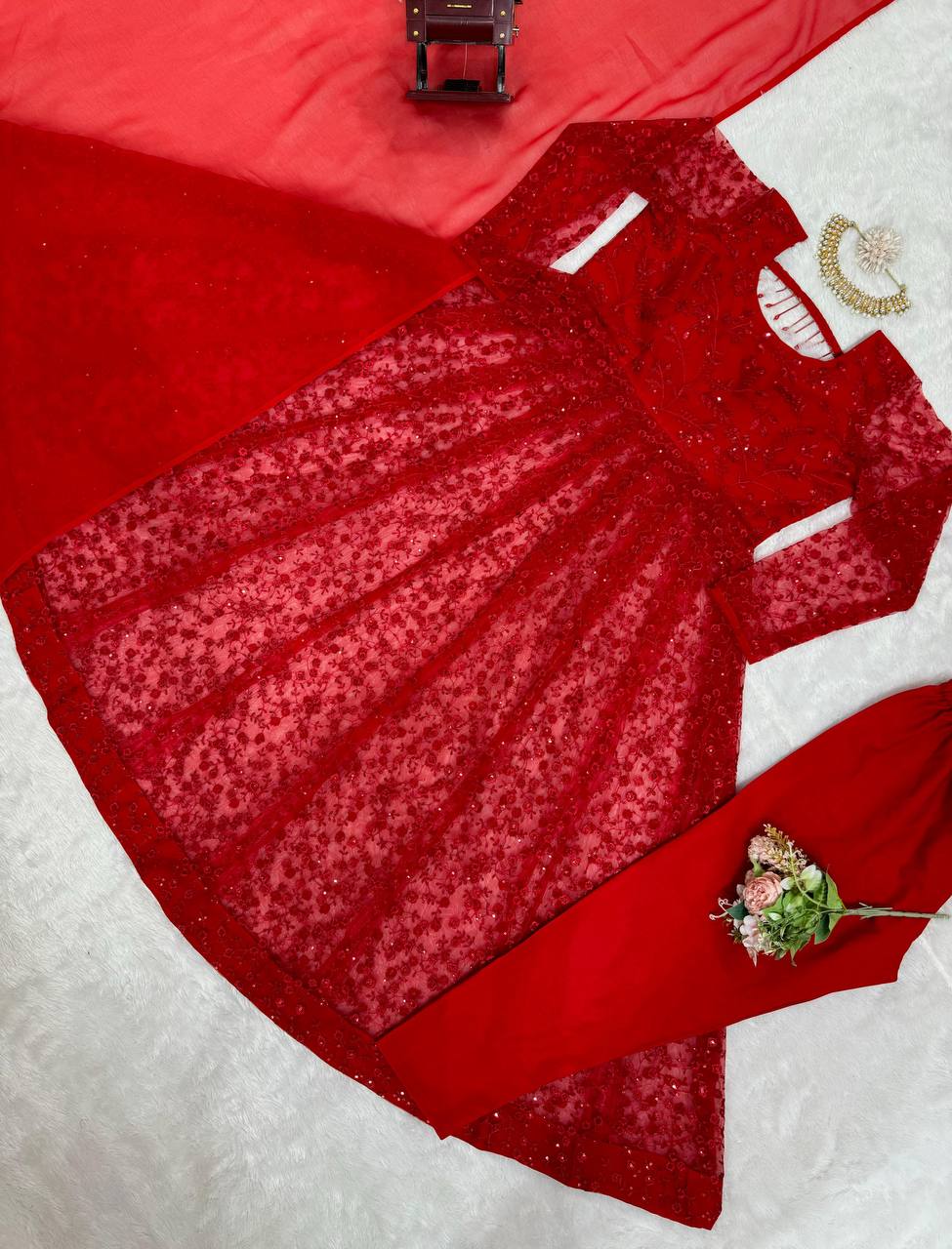 Red Elegant Butterfly Net Embroidered Suit with Micro Pant & Faux Georgette Dupatta Clothsvilla