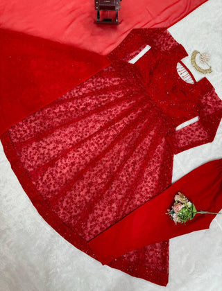 Red Elegant Butterfly Net Embroidered Suit with Micro Pant & Faux Georgette Dupatta Clothsvilla