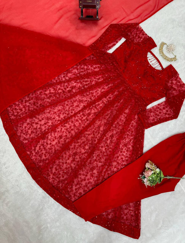 Red Elegant Butterfly Net Embroidered Suit with Micro Pant & Faux Georgette Dupatta Clothsvilla
