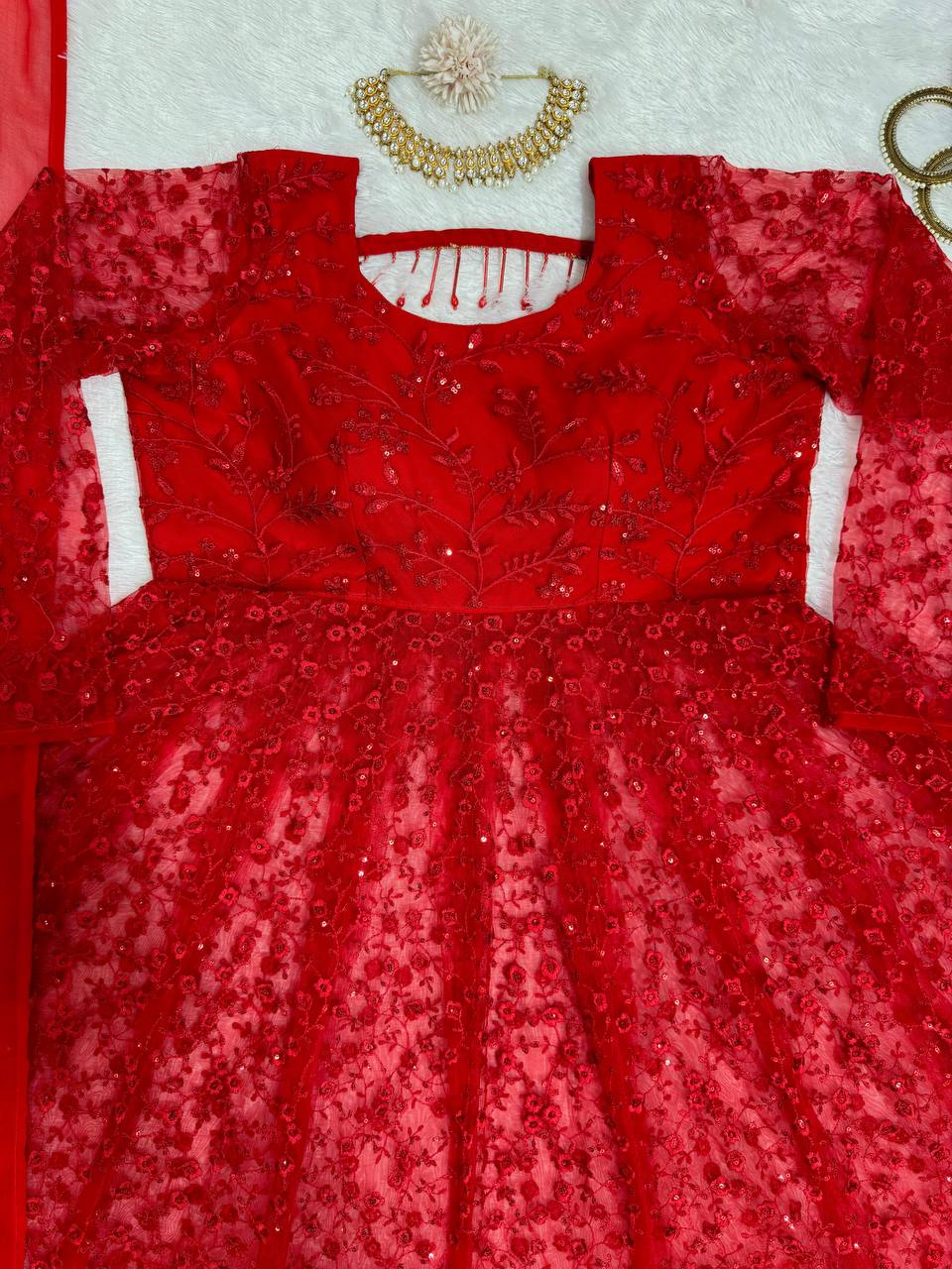 Red Elegant Butterfly Net Embroidered Suit with Micro Pant & Faux Georgette Dupatta Clothsvilla