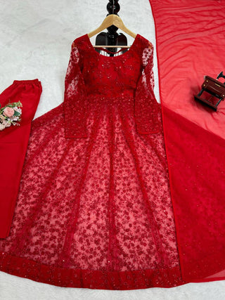 Red Elegant Butterfly Net Embroidered Suit with Micro Pant & Faux Georgette Dupatta Clothsvilla