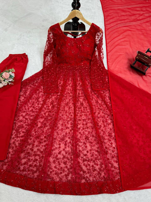 Red Elegant Butterfly Net Embroidered Suit with Micro Pant & Faux Georgette Dupatta Clothsvilla