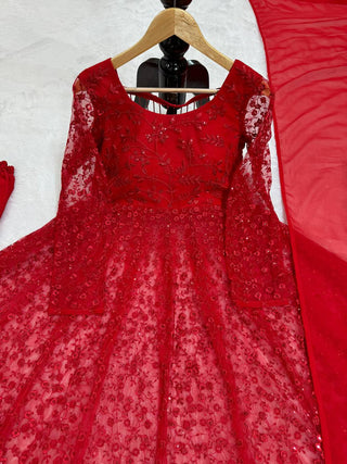 Red Elegant Butterfly Net Embroidered Suit with Micro Pant & Faux Georgette Dupatta Clothsvilla