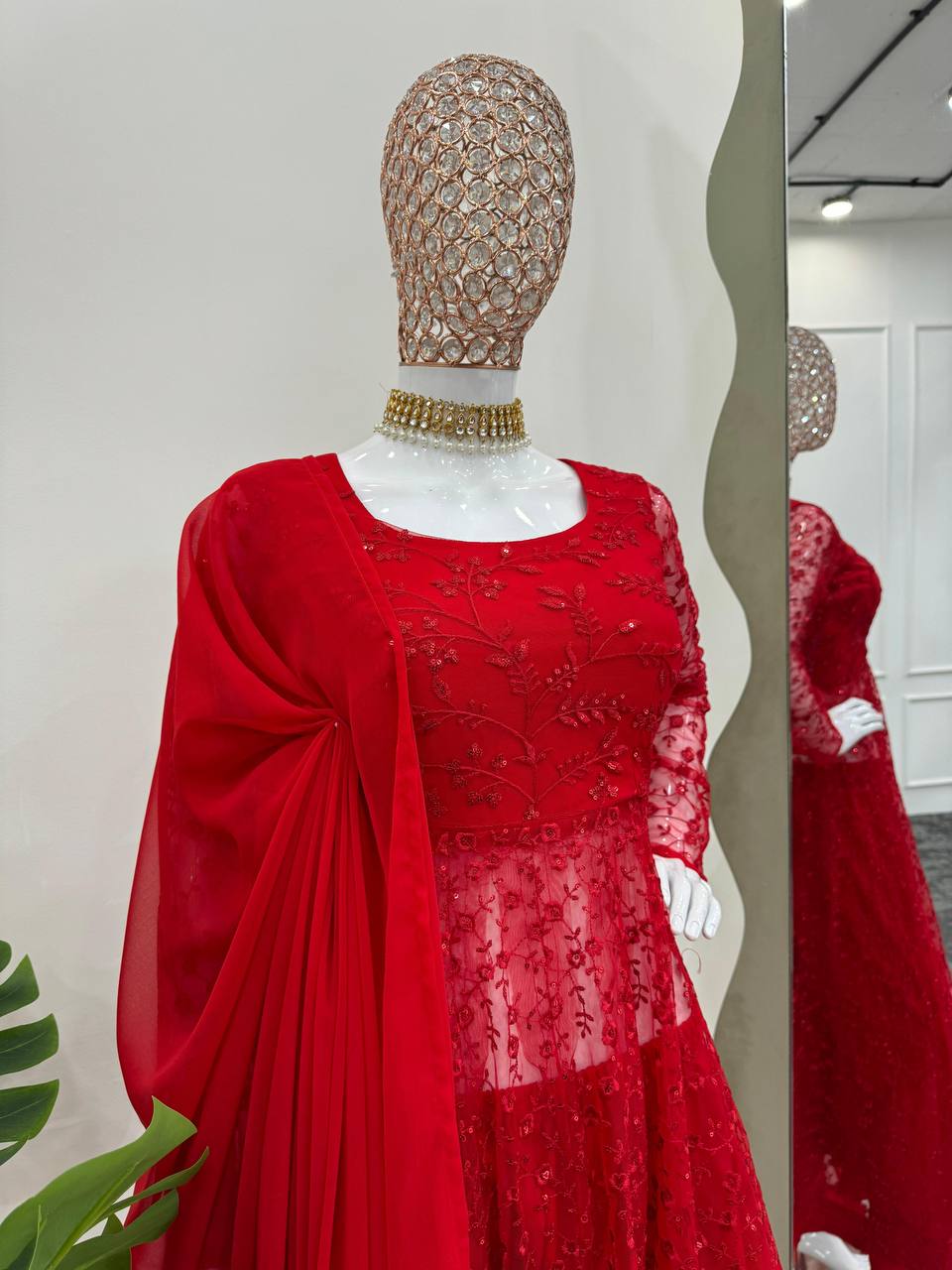 Red Elegant Butterfly Net Embroidered Suit with Micro Pant & Faux Georgette Dupatta Clothsvilla