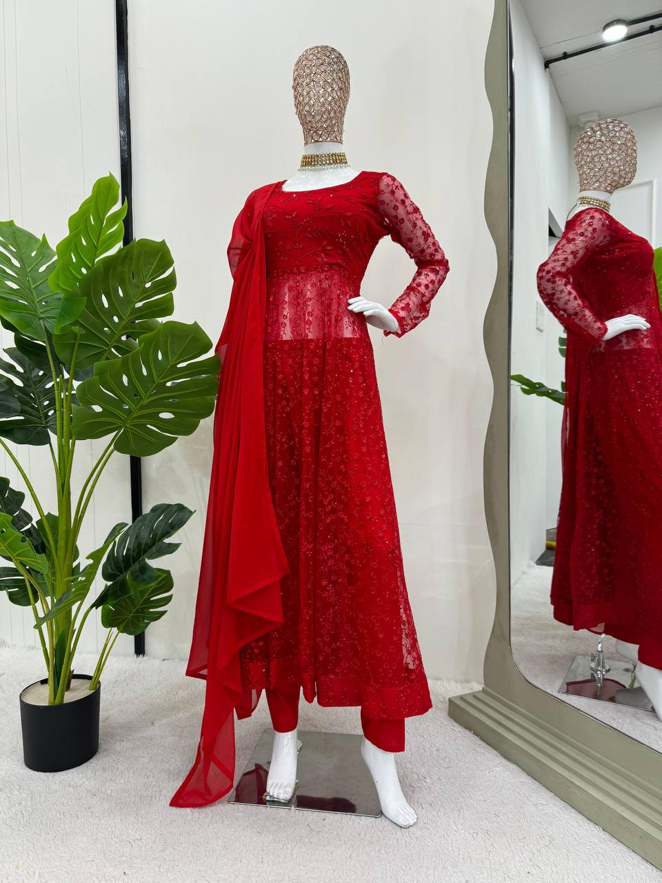 Red Elegant Butterfly Net Embroidered Suit with Micro Pant & Faux Georgette Dupatta Clothsvilla