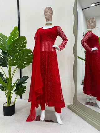Red Elegant Butterfly Net Embroidered Suit with Micro Pant & Faux Georgette Dupatta Clothsvilla