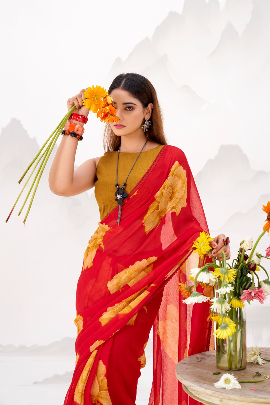Red Elegant Chiffon Saree with Floral Print & Lace Border – Unstitched Banglory Blouse ClothsVilla