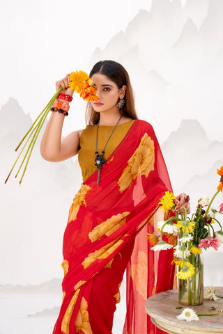 Red Elegant Chiffon Saree with Floral Print & Lace Border – Unstitched Banglory Blouse ClothsVilla