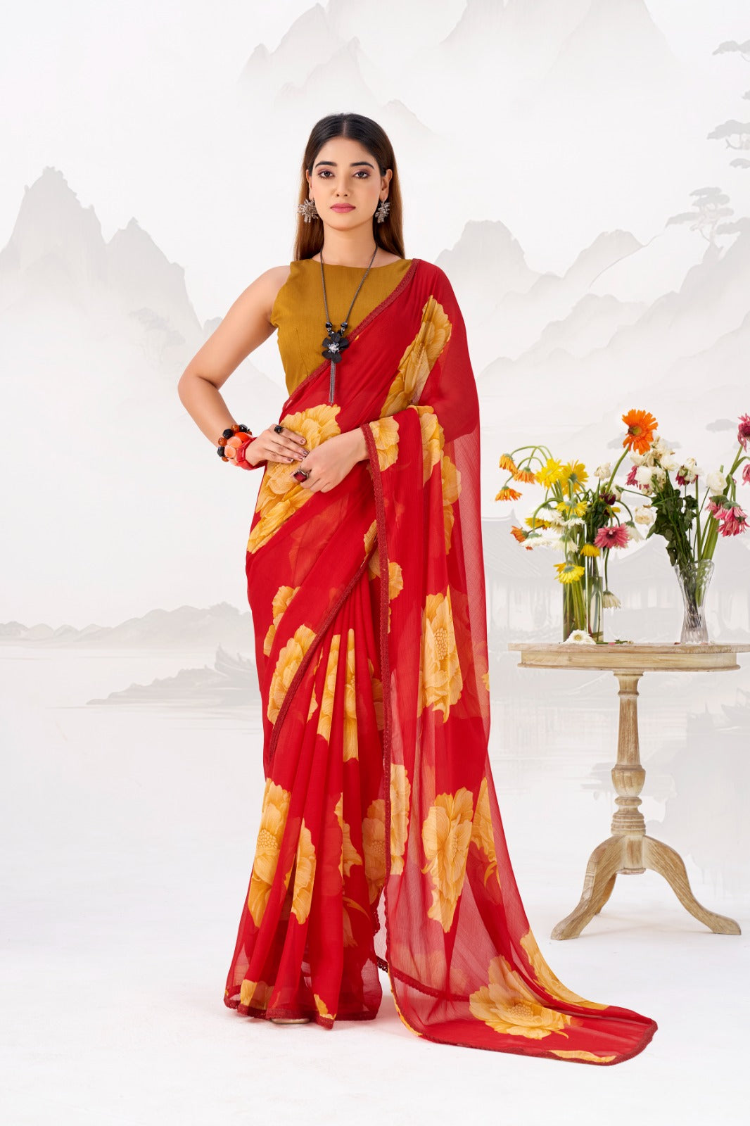 Red Elegant Chiffon Saree with Floral Print & Lace Border – Unstitched Banglory Blouse ClothsVilla Main image