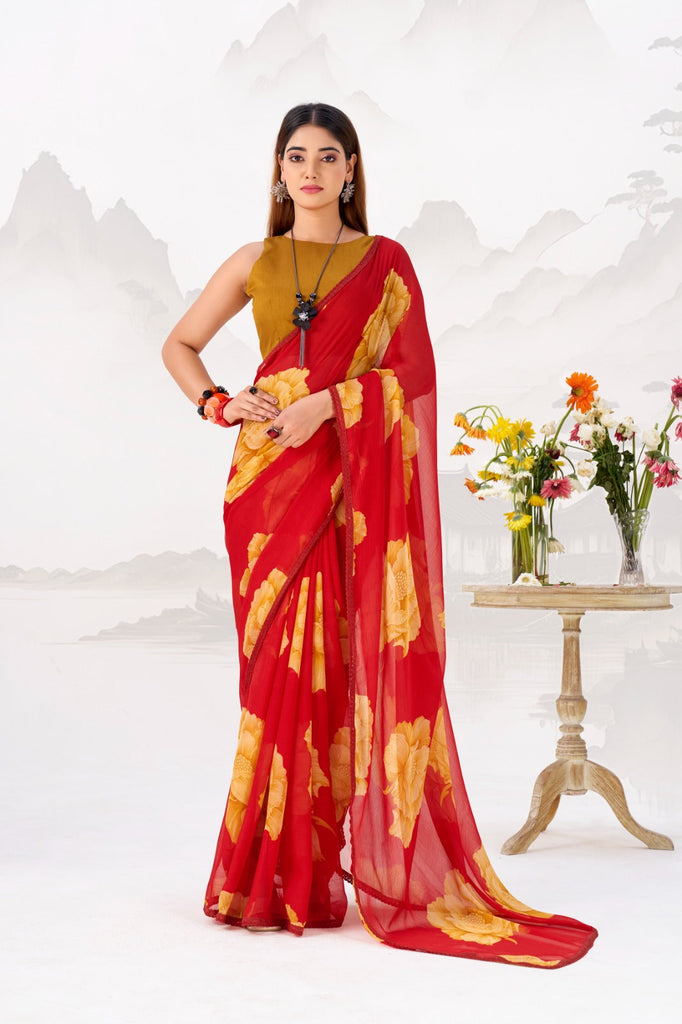 Red Elegant Chiffon Saree with Floral Print & Lace Border – Unstitched Banglory Blouse ClothsVilla