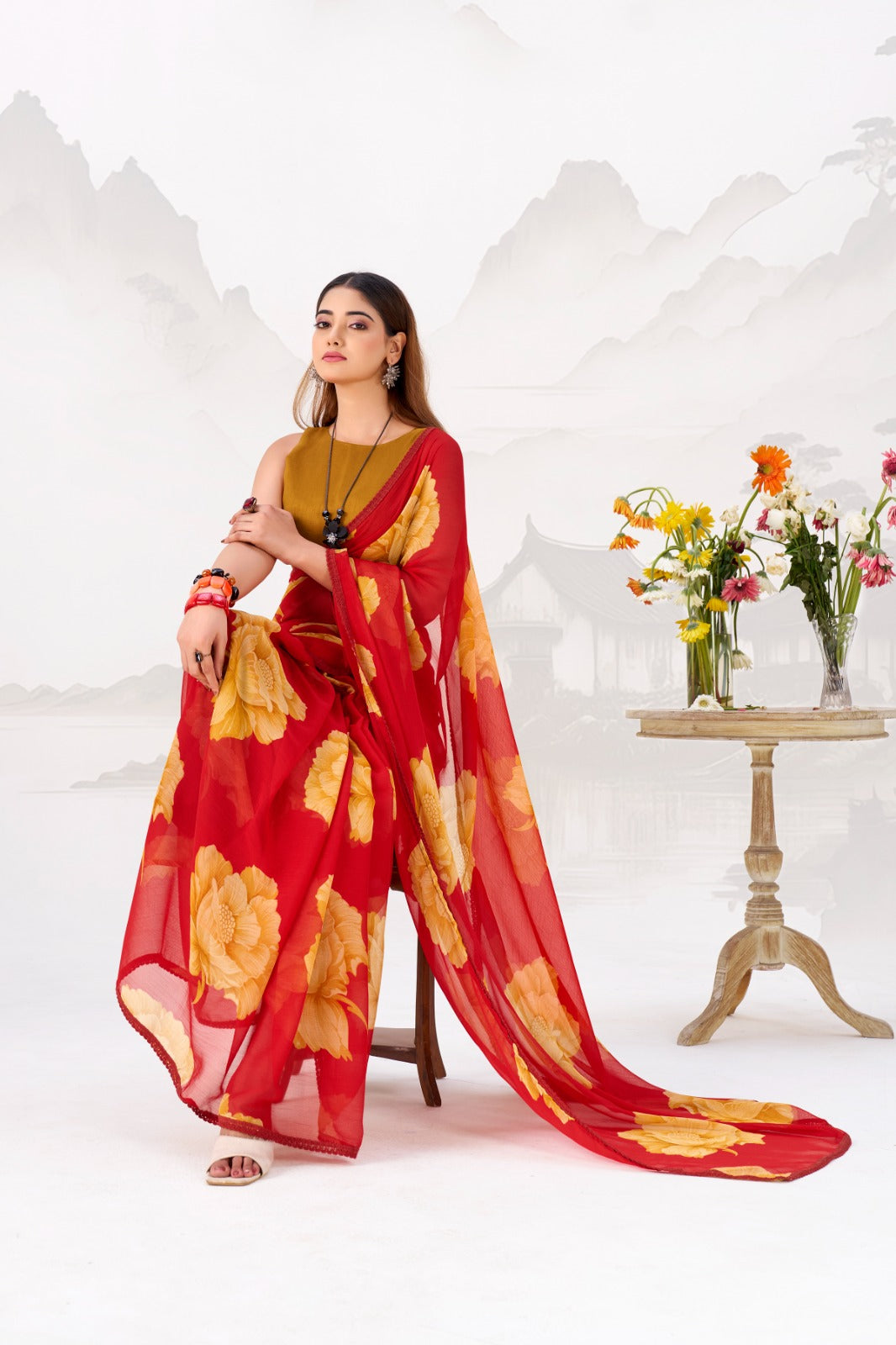 Red Elegant Chiffon Saree with Floral Print & Lace Border – Unstitched Banglory Blouse Secondary image