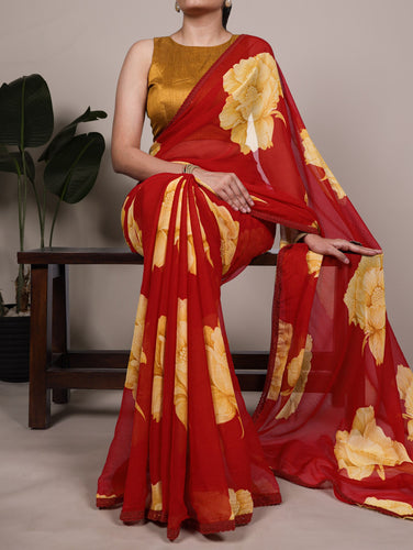 Red Elegant Chiffon Saree with Floral Print & Lace Border – Unstitched Banglory Blouse ClothsVilla