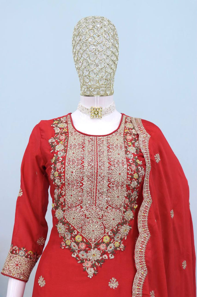 Red Elegant Chinon Embroidered Suit Set with Dupatta – Fully Stitched ClothsVilla