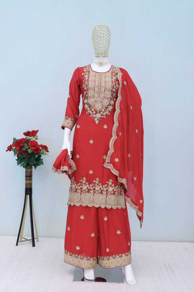Red Elegant Chinon Embroidered Suit Set with Dupatta – Fully Stitched ClothsVilla