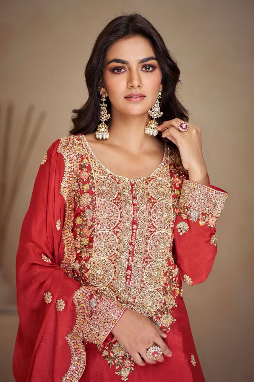 Red Elegant Chinon Embroidered Suit Set with Dupatta – Fully Stitched Secondary image