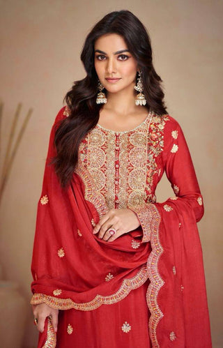 Red Elegant Chinon Embroidered Suit Set with Dupatta – Fully Stitched ClothsVilla