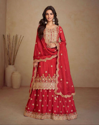 Red Elegant Chinon Embroidered Suit Set with Dupatta – Fully Stitched ClothsVilla