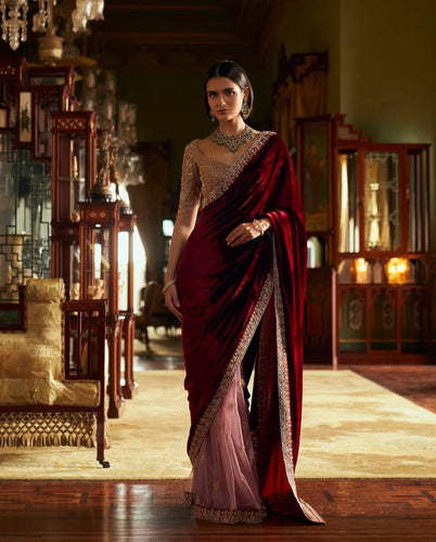 Red Elegant & Classy Velvet Net Saree — Sequins, Thread & Dori Work ClothsVilla