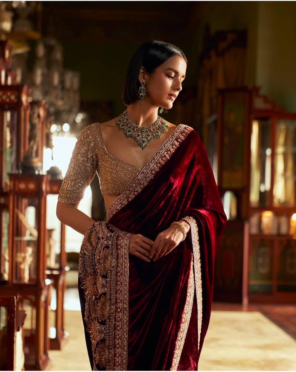 Red Elegant & Classy Velvet Net Saree — Sequins, Thread & Dori Work ClothsVilla