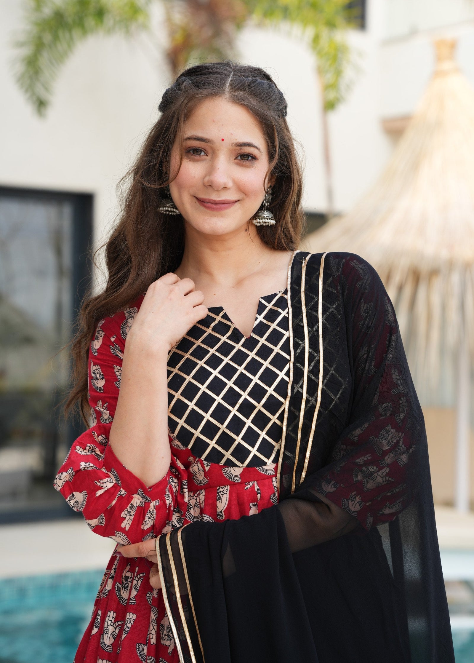 Red Elegant Cotton Top Set with Lace Work, Crape Bottom & Faux Georgette Dupatta ClothsVilla