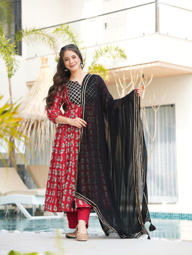 Red Elegant Cotton Top Set with Lace Work, Crape Bottom & Faux Georgette Dupatta ClothsVilla